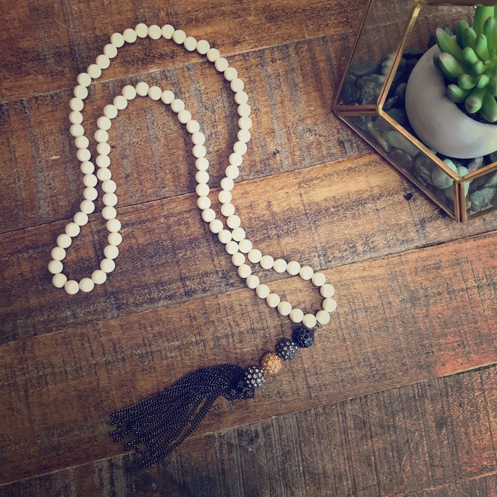 Stella & Dot White Beaded w/ Tassel Necklace